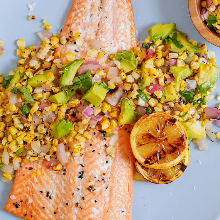 Salmon with Charred Corn and Avocado Salad