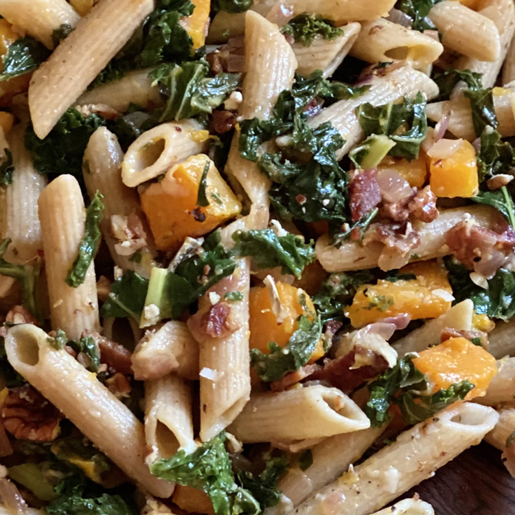 Butternut Squash Pasta with Parmesan, Bacon & Kale 