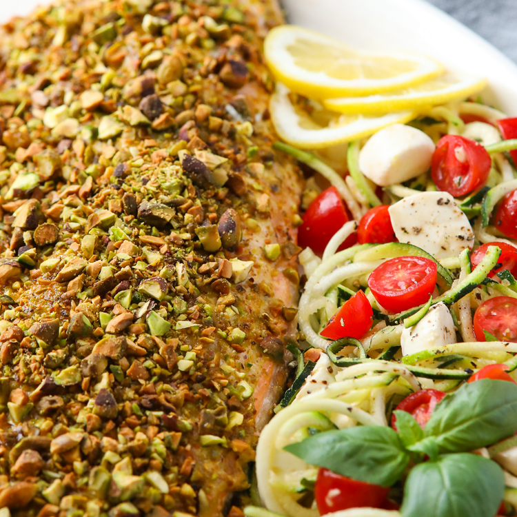 Pistachio Crusted Salmon with Zucchini Caprese Salad