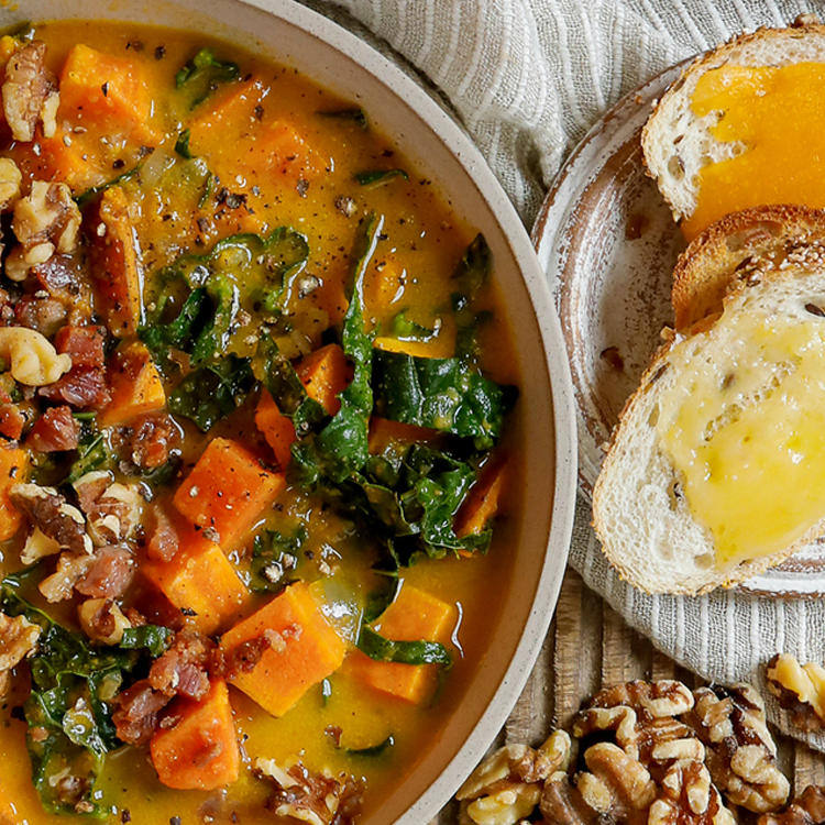 Sweet Potato Chowder with Smokey Pancetta & Kale