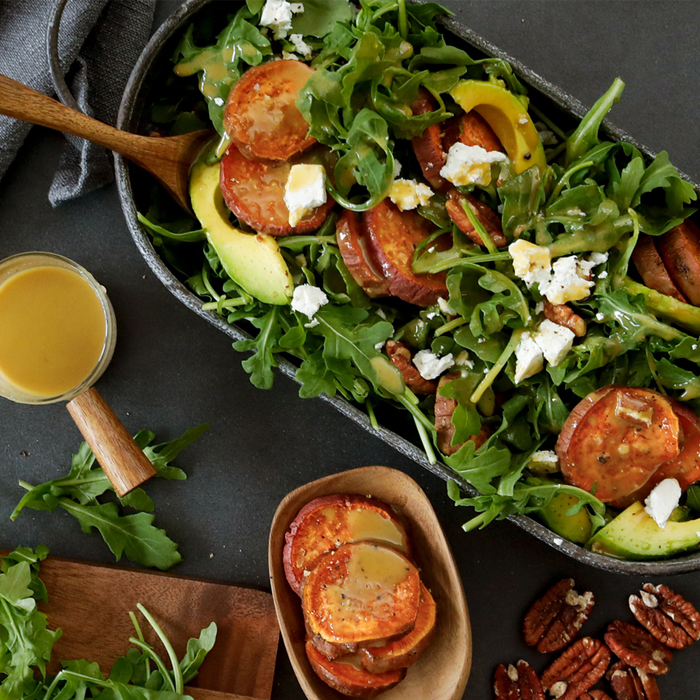 Roasted Sweet Potato & Arugula Salad with Honey- Tahini Drizzle