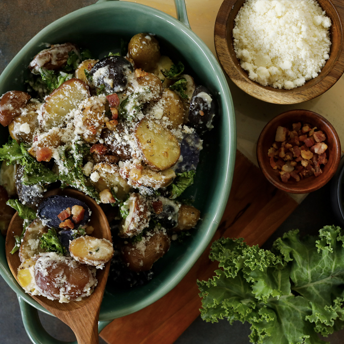 Cacio e Pepe Potatoes with Bacon & Kale